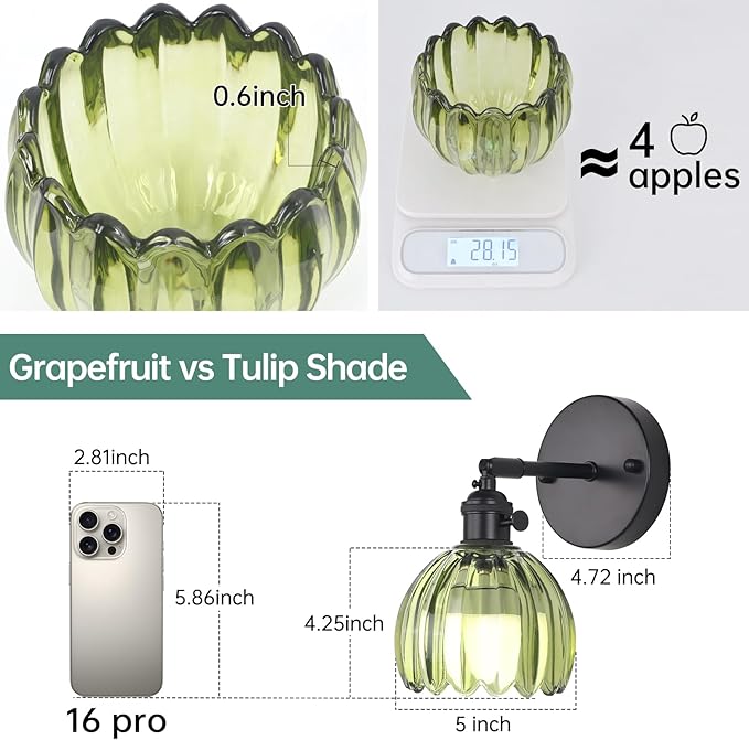 Shenmoyl Vintage Battery Operated Wall Sconce with Green Tulip Glass Lampshade Rechargeable Battery Powered Black Wall Light with Remote Control for Bedside Bedroom Doorway, Set of 2