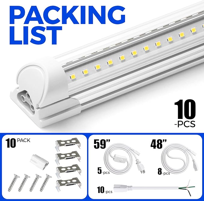 Barrina LED Shop Lights, 8FT 72W 10000LM 6500K, Super Bright White, V Shape, Clear Cover, High Output, Linkable, T8 LED Tube Light, for Garage 8 Foot with Plug (Pack of 10)