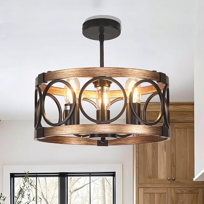 Light Fixtures Ceiling Mount,3-Lights Semi Flush Mount Ceiling Light Fixture,15.7" Black Dining Room Chandelier Rustic Drum Chandelier Pendant Light Fixture with Wood Grain Finish for Kitchen