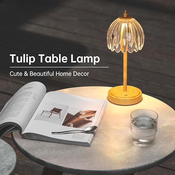 Shenmoyl Tulip Table Lamp with 5200mAh Battery & Touch Control, Small Cordless Table Lamp with 3 Colors, Rechargeable Battery Operated Table Lamps for Bedroom, Desk, Bedside (Transparent-Beech Color)
