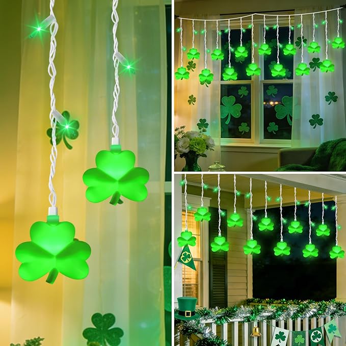 25 LED Green Shamrock Icicle Lights, 6.75FT St. Patricks Day Lights Curtain String Lights with 10 Shamrock & 25 LED Light for Lucky Clover St Patrick's Decorations Indoor Home Window Proch Party Decor
