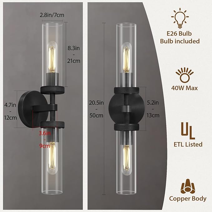 Black Bathroom Vanity Wall Sconces 2-Light Glass Tube Wall Sconce 21in Horizontal or Vertical Linear Wall Sconces Black Vanity Light Indoor Wall Sconce E26 Bulb Included