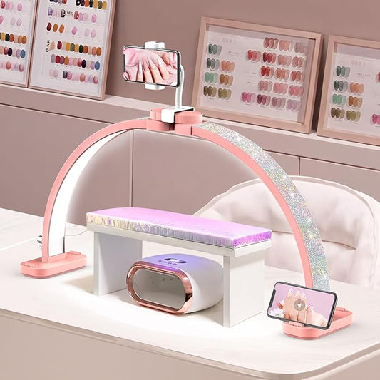 Half Moon Light for Nail Tech: 31 inch Lash LED Lamp with Phone Holder - 48W Foldable Arch Lights for Eyelash Tech - Manicure Handicraft Lighting for Spa,Salon
