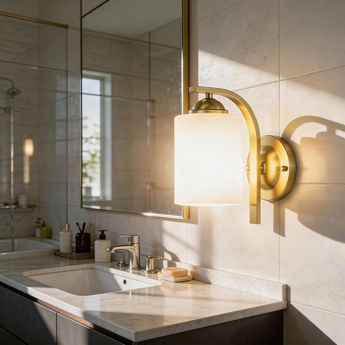 2-Pack Wall Sconces for Bedroom and Bathroom, Gold Farmhouse Wall Light Fixtures with Glass Shade, Modern Vanity Wall Lamps for Living Room, Hallway, Kitchen