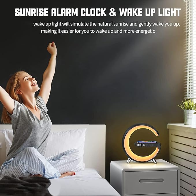 Smart LED Table Lamp, 4-in-1 Wireless Charger, Night Light, Alarm Clock, and Bluetooth Speaker with App Control for Bedroom, Office, and Home Decor (Black)