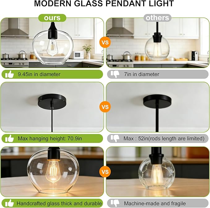 Glass Pendant Lights Kitchen Island, 9.45'' Matte Black Pendant Lighting Fixtures, Modern Hanging Ceiling Light with Clear Glass Shade for Farmhouse Dining Room Bedroom Hallway(1 Pack)