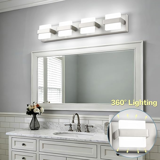 SOLFART Brushed Nickel Bathroom Light Fixtures, 4 Lights Bathroom Vanity Light，Dimmable LED Vanity Lights Nickel Vanity Lighting