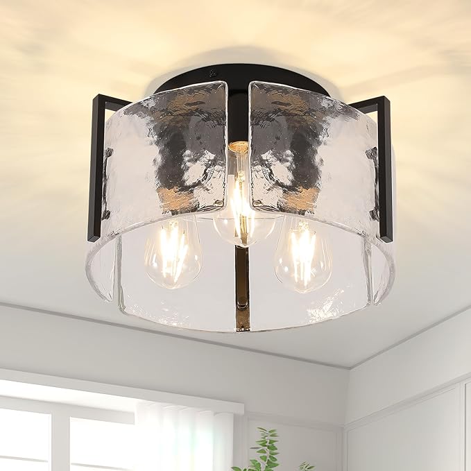 Modern 3-Light Semi Flush Mount Ceiling Light, Black Metal with Water Ripple Glass Shade, Farmhouse Close to Ceiling Light Fixture for Hallway, Bedroom, Kitchen, Living Room, Entryway