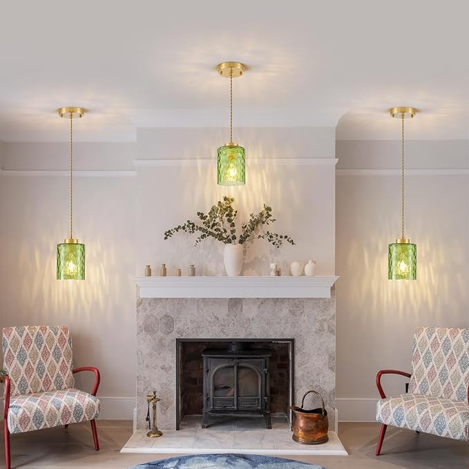 MWZ Gold Pendant Lights Kitchen Island 3 Pack, Modern Hanging Kitchen Pendant Lighting Over Sink with Green Hammered Glass Shade,Small Chandeliers Fixtures Adjustable Cord Hanging Lighting