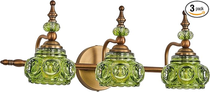 Vintage 3-Light Bathroom Vanity Light Fixtures, Modern Brass Vanity Wall Sconces Over Mirror with Green Glass Shade for Bathroom Bedroom Living Room