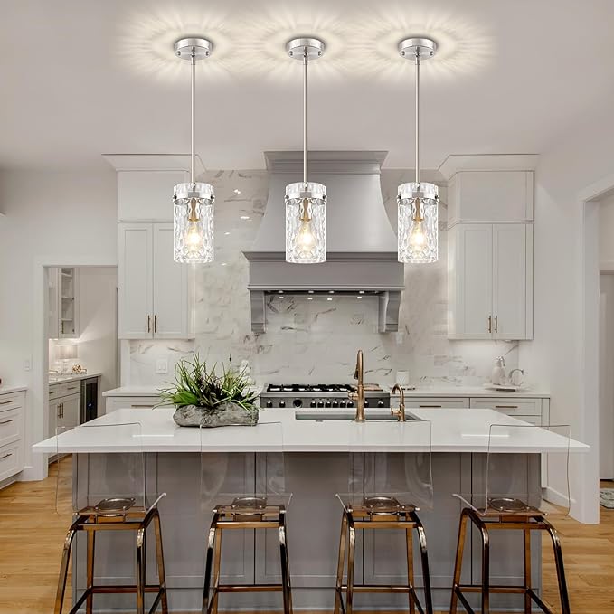 Brushed Nickel Pendant Lights Kitchen Island, Modern Hand-Blown Glass Kitchen Hanging Lights Fixture Over Island Adjustable Mini Pendan Lighting for Hallway Entryway Bathroom Foyer Dining Room