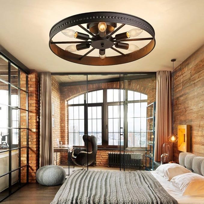 6-Lights Rustic Metal Ceiling Light Fixture Black Round Industrial Living Room Light Semi-Flush Mount Farmhouse Chandelier for Kitchen Island Dining Room Entryway Bedroom Hallway