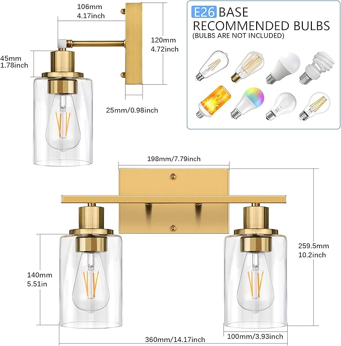 ShineTech 2-Light Gold Bathroom Vanity Fixtures, Modern Wall Lighting with Clear Glass, Brushed Brass Wall Sconce Light for Mirror, Living Room