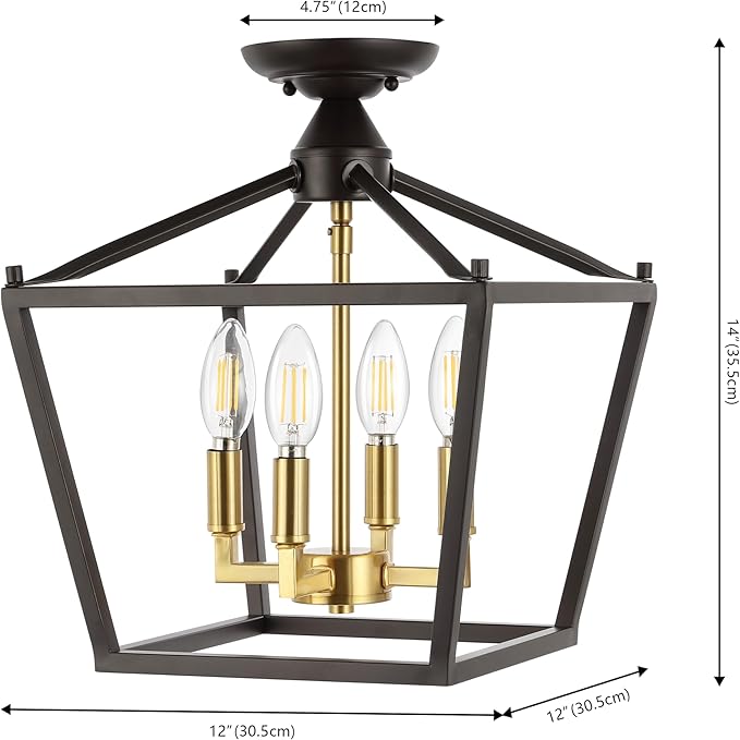 JONATHAN Y 12" Oil Rubbed Bronze/Brass Gold Modern Farmhouse Pagoda 4-Light LED Semi Flush Mount Lantern, Metal Ceiling Light Fixture for Kitchen, Hallway, Entryway, Bedroom, Hardwired (JYL7610G)