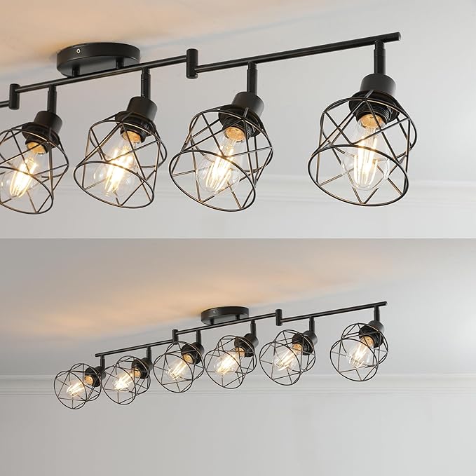 Dimmable 6 Light Plug in Ceiling Light,Black Plug in Track Lighting Kit with 16.5' Cord,Flexibly Rotatable Light Head,Modern Industrial Farmhouse Style(Bulbs Not Included)
