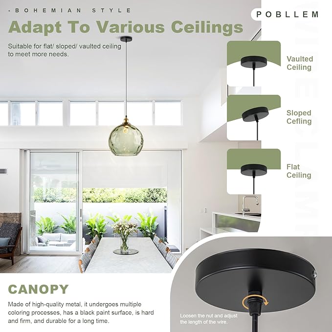 Green Glass Hanging Light Fixture, 13.8" Large Globe Pendant Light Hammered Glass Shade, Mid Century Modern Single Black and Gold Pendant Light for Kitchen Island Dining Room Bedroom
