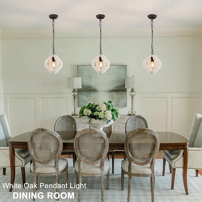 9.84" Modern Farmhouse Wood Pendant Lights Kitchen Island Small Orb Distressed White Oak Pendant Light Rustic Ceiling Hanging Light for Kitchen Over Sink Hallway Entryway Foyer Adjustable Chain E26