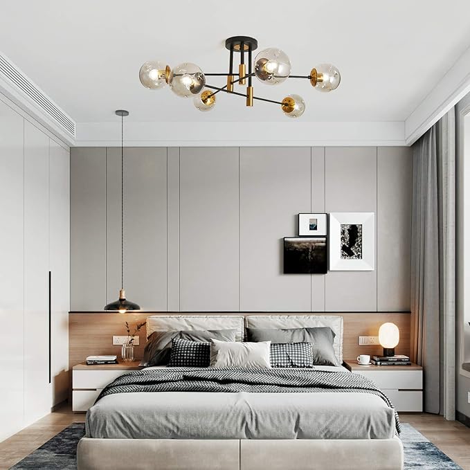 SZXYKEJI6-Lights Glass Globe Sputnik Chandelier Modern Flush Mount Ceiling Light Fixture Farmhouse Lighting for Dining Room Living Room Bedroom Kitchen Passageway(Balck and Gold)