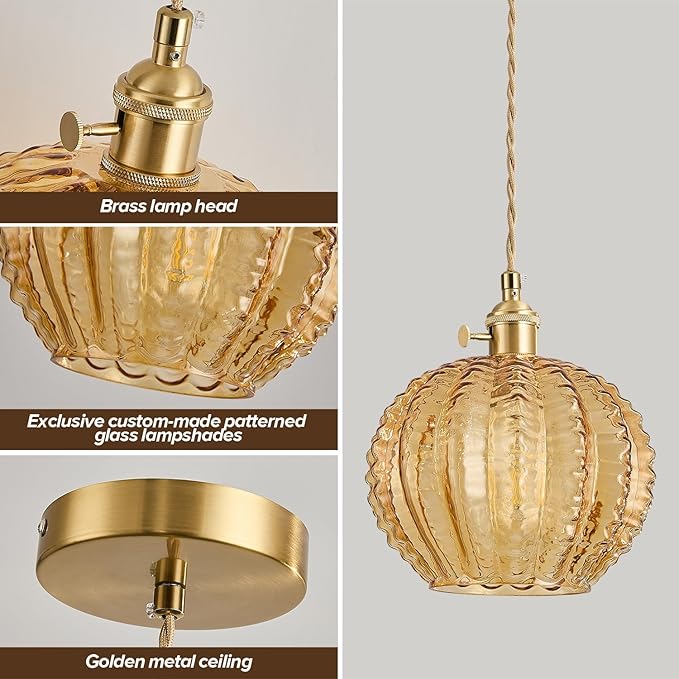 Amber Glass Pendant Light Fixtures,Vintage Antique Champagne Gold Pendant Lights Mid Century Modern Pendant Lights Suitable for Kitchen Island Dining Table Bedroom Bathroom and Above the Sink