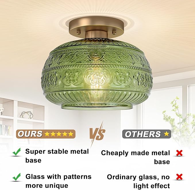 Semi Flush Mount Ceiling Light, 9" Green Glass Gold Fixture, Modern Close to Ceiling Light for Kitchen Hallway Bedroom, E26 Base,Bulb NOT Included