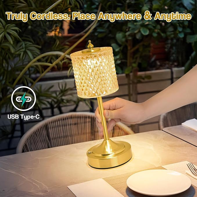 Cordless Crystal Table Lamp, 5200mAh Rechargeable Battery, 3 Color Dimmable Touch Control, Portable Vintage Gold Desk Lamp for Bedroom, Nightstand, Living Room, Home Decor (Amber)