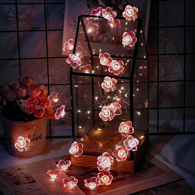 USB/Battery Operated 13ft Copper Wire 40LED Pink Cherry Blossom Fairy Light | Flower-Shaped Fairy Lights String – Indoor & Outdoor Hanging Decor for Valentine's Day, Mother's Day, Wedding Parties