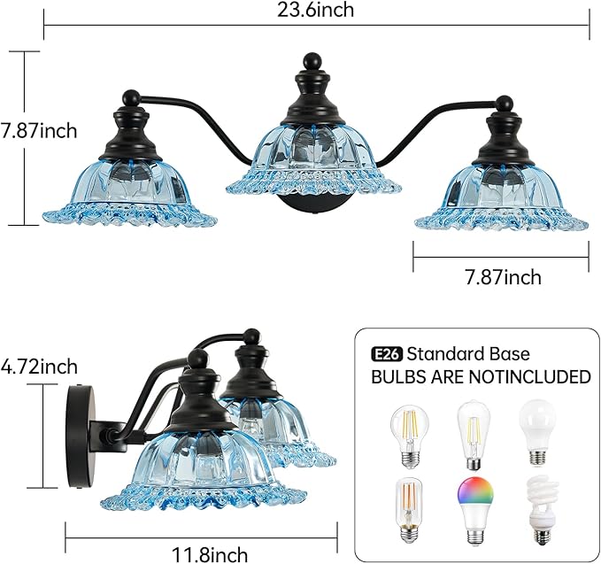 XIEDUN Blue and Black 3 Light Vanity Light Bathroom Vanity Light Fixture