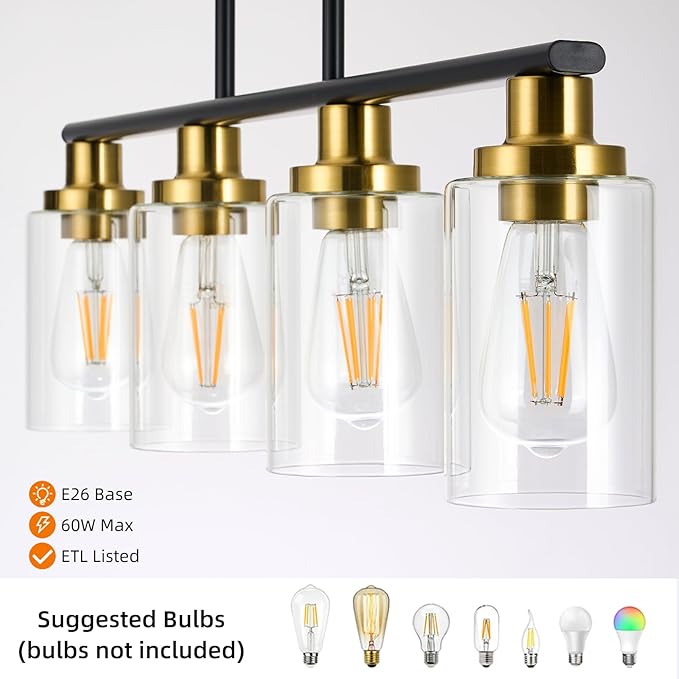 Island Lights for Kitchen, 4-Light Farmhouse Dining Room Light Fixtures Over Table, Matte Black and Gold Linear Chandeliers for Dining Room，Industrial Pendant Lighting with Clear Glass Shade