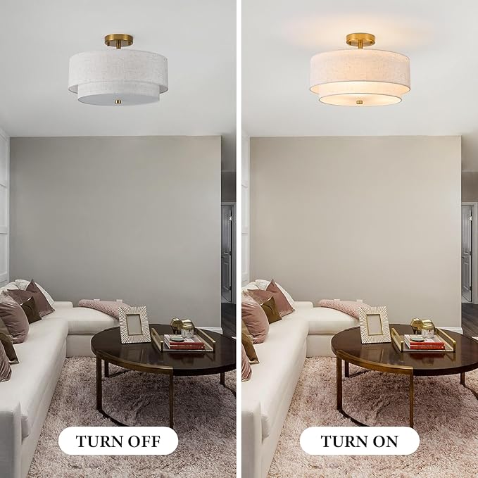 3-Light Semi Flush Mount Ceiling Light,16" Close to Ceiling Light Fixtures with Farmhouse Fabric Linen Shade, Double Drum Gold Flush Mount Ceiling Light for Bedroom Living Room Kitchen Dining Room