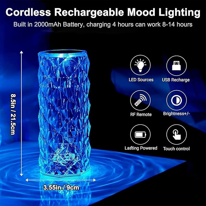 Crystal Table Lamp Touch, 16 Color Changing Night Light, Rechargeable, Dimmable, RGB Rose Diamond Ambient Mood Lighting, Protable Cordless Desk Lamp Bedside Led Light for Bedroom Living Room Party
