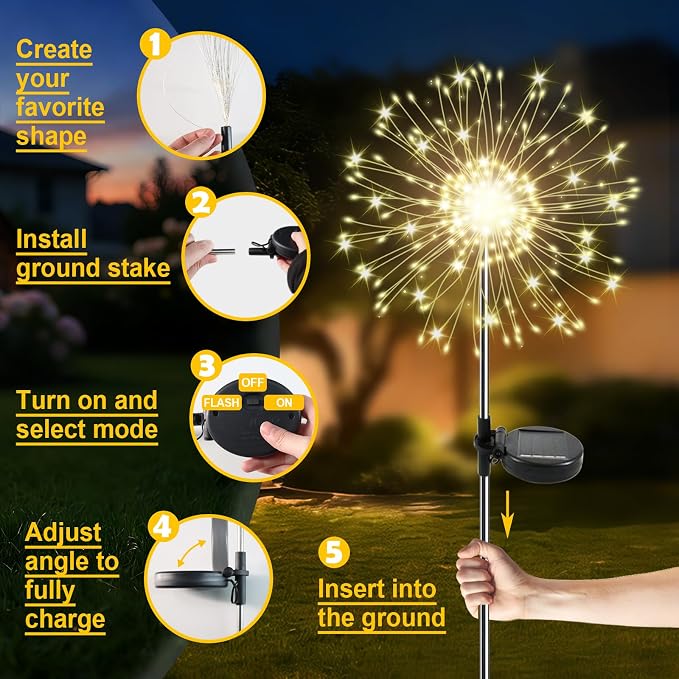 Solar Garden Lights Outdoor, 6 Pack 120 LED Twinkling Firework Lights Decorative with 2 Modes, Outdoor Waterproof Solar Starburst Light for Yard Pathway Planter Patio Decor, Warm White