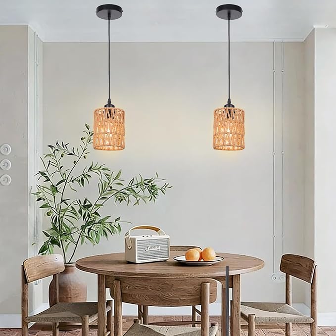 Rattan Pendant Lights Kitchen Island, 3 Pack Farmhouse Chandelier Lighting with Hand Woven Wicker Shade, Boho Pendant Light Fixtures Ceiling Hanging for Dining Room Bedroom Foyer Hallway