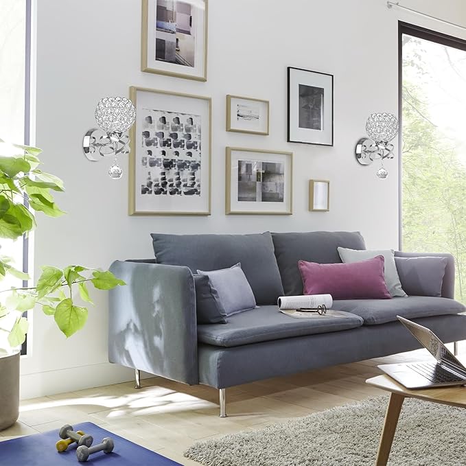 TISLYCO Silver Crystal Sconces - Modern Wall Lighting with Hanging Crystal Ball, Wall Mount Lamp for Bedroom, Living Room, Hallway