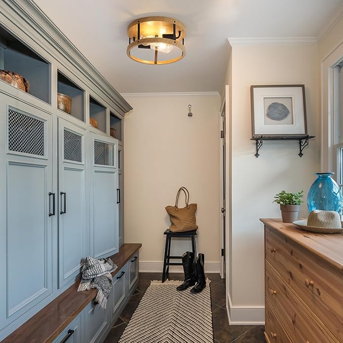 2-Light Retro Close to Ceiling Light, Wood Finish Flush Mount Ceiling Light with Black Metal, Easy Assembled, Industrial Round Farmhouse Ceiling Lamp for Hallway Entryway Bedroom