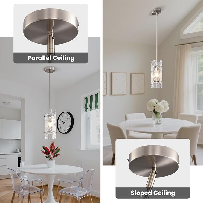 Brushed Nickel Glass Pendant Light for Kitchen Island, Luxury Mini Water Ripple Crystal Chandelier Fixture, Modern round Adjustable Hanging Pendant Lighting for Dining Room Bathroom Hallway (3-Pack)