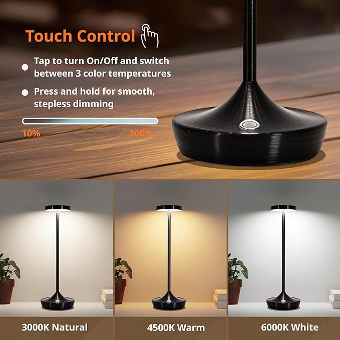 Cordless Table Lamp Rechargeable - 6000mAh LED Battery Operated Table Light - Portable Touch Dimmable Outdoor Waterproof Table Lamps for Patio Restaurant Dining (2 Black)