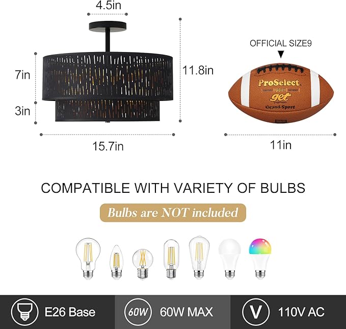 Drum Semi Flush Mount Lighting Fixture, Modern Semi Chandeliers, 2 Tier Fabric Ceiling Light, Black Fabric Shade 3-Light for Kitchen Island Bedroom Hallway Foyer, E26, W16xH12