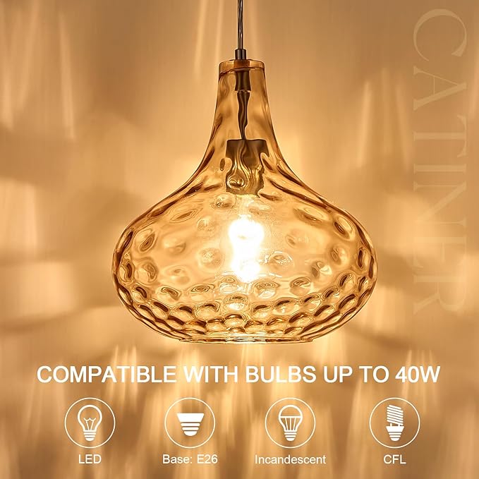 CATINER 11" Amber Hammered Glass Pendant Light, Blown Glass Hanging Light Fixture with Brushed Nickel Finish, Vintage Modern Ceiling Light for Kitchen Island, Dining Room, Hallway, Living Room