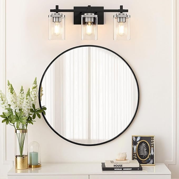 3-Lights Black and Brushed Nickel Bathroom Light Fixtures, Modern Black and Nickel Vanity Light with Clear Glass Shade, Wall Mount Lights Over Mirror for Bedroom Hallway Living Room