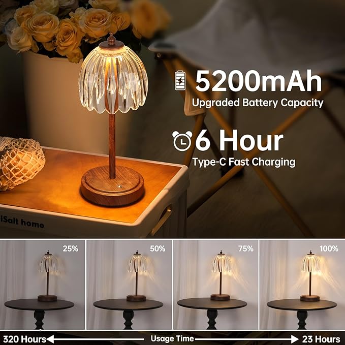 Shenmoyl Tulip Table Lamp with 5200mAh Battery & Touch Control, Small Cordless Table Lamp with 3 Colors, Rechargeable Battery Operated Table Lamps for Bedroom, Desk, Bedside (Transparent-Walnut Color)