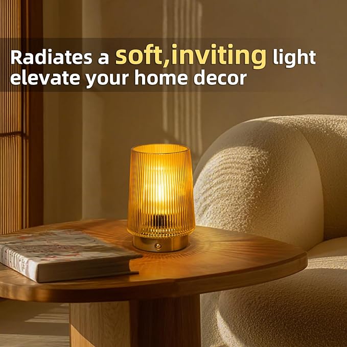 MJ PREMIER Cordless Lamps Rechargeable Glass Table Lamp Portable Dimmable Brightness Touch Battery Operated Lamp Cordless Beside Touch Lamp for Bedroom Kitchen Dining Bathroom Rechargeable Yellow