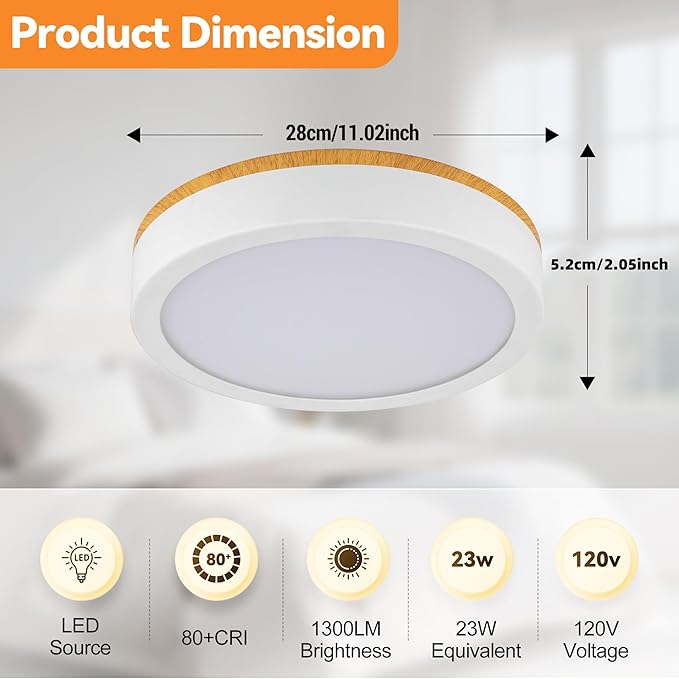 11" Flush Mount Ceiling Light, Minimalist Modern Wood Paint LED Ceiling Light with 5CCT 2700K-5000K, Dimmable LED Light Fixtures Ceiling Mount for Kitchen Bathroom Bedroom Hallway