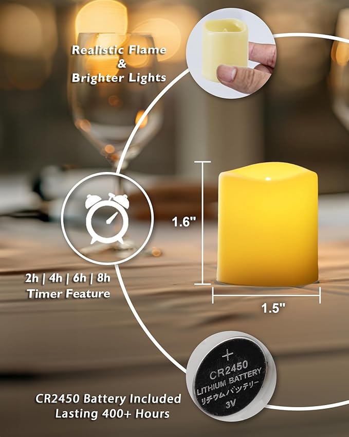 Homemory 400+ Hour Remote Control Candles, 2/4/6/8H Timer LED Votive Candles, Battery Operated Tea Lights in Warm White for Outdoor, Table, Halloween, Christmas (Batteries Included