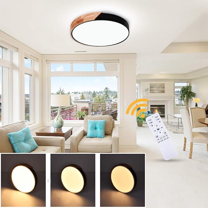 EDISLIVE Ceiling Light Dimmable 19 inch Modern Minimalist LED Round Shaped Wood & Metal & Acrylic Flush Mount Ceiling Light with Remote Control Black