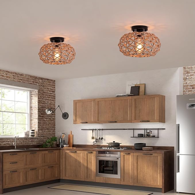 Coastal Woven Flush Mount Ceiling Light Fixture Boho Rustic Hemp Rope Round Cage Semi Flush Mount Ceiling Light for Hallway Kitchen Entry Bedroom Farmhouse Beach, Black