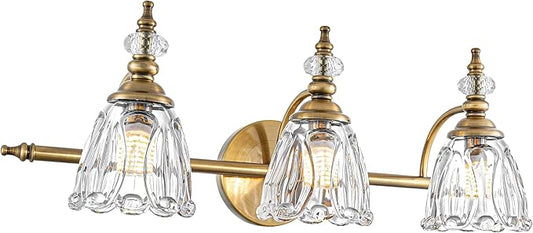 Brushed Gold Bathroom Vanity Light, Farmhouse Brass Bathroom Light Fixtures Over Mirror, 3 Light Vanity Lighting Fixtures, Flower Glass Shade Wall Sconce Lighting