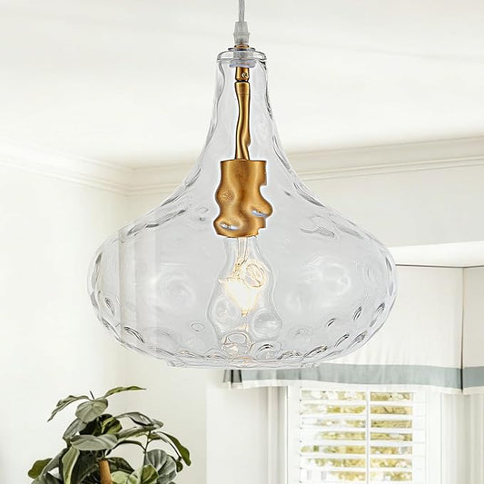 Modern Glass Pendant Light Hand-Blown Hammered Glass Shade 11inch Large Gold Pendant Lighting Fixtures for Kitchen Island 1 Light Ceiling Hanging Light for Kitchen Sink Dining Room Hallway, UL Listed