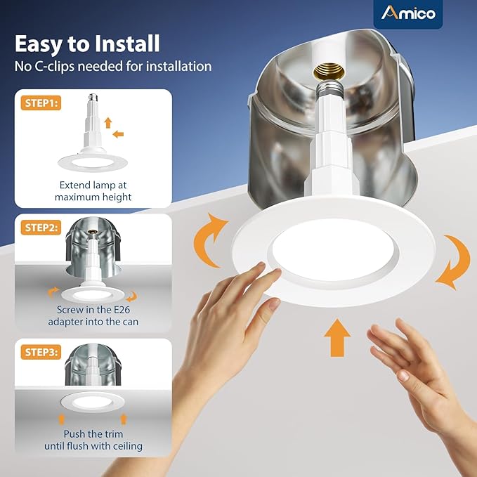 Amico 5/6 inch 5CCT LED Recessed Lighting 4 Pack, 12W=100W, 950LM Adjustable Can Lights, 2700K/3000K/4000K/5000K/6000K Selectable, Dimmable, IC & Damp Rated, Retrofit Installation - ETL & FCC