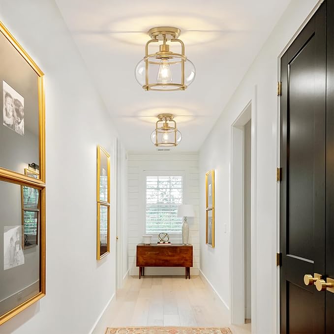 TOULMJ Semi Flush Mount Ceiling Light, Gold Ceiling Light Fixture with Drum Glass Shade, Modern Hallway Light Fixture for Kitchen Dining Room Foyer Entryway Bedroom Laundry Room Bathroom