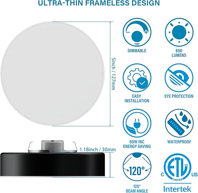 ZAGO 5 Inch LED Edgeless Surface Mount Ceiling Light, 5CCT Switchable, Shower Rated Twist in Contemporary Mini Flush Mount Light, Dimmable, 120V, 60W Equivalent, ETL Certified, Black, 16 Packs